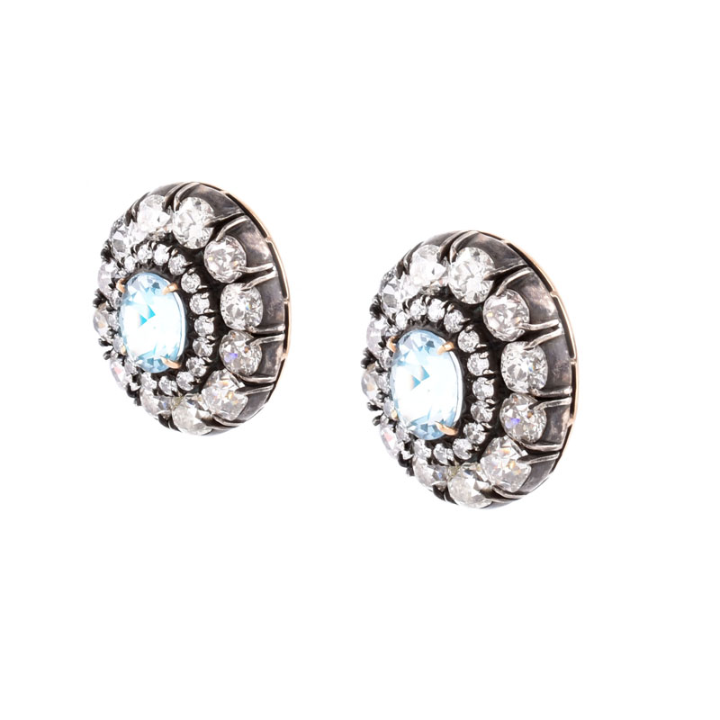 Approx. 12.0 Carat Antique Old European Cut Diamond, 5.0 Carat Oval Cut Aquamarine and Silver Topped 18 Karat Yellow Gold Earrings. 