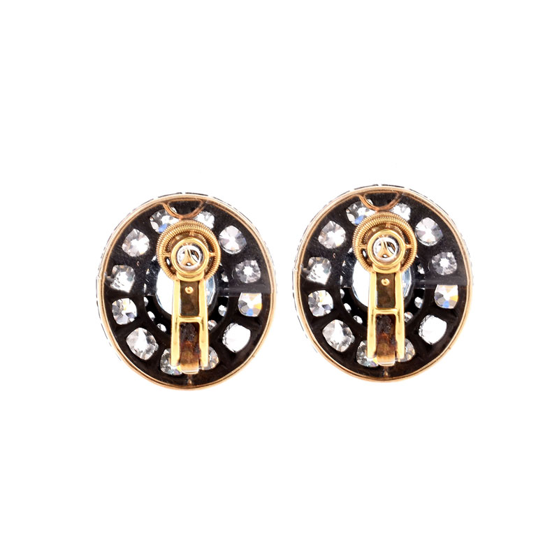Approx. 12.0 Carat Antique Old European Cut Diamond, 5.0 Carat Oval Cut Aquamarine and Silver Topped 18 Karat Yellow Gold Earrings. 