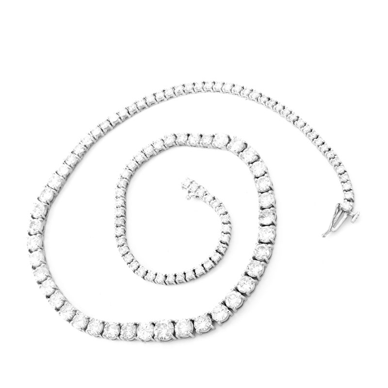 Approx. 20.0 Carat Graduated Round Brilliant Cut Diamond and 14 Karat White Gold Riviera Necklace.