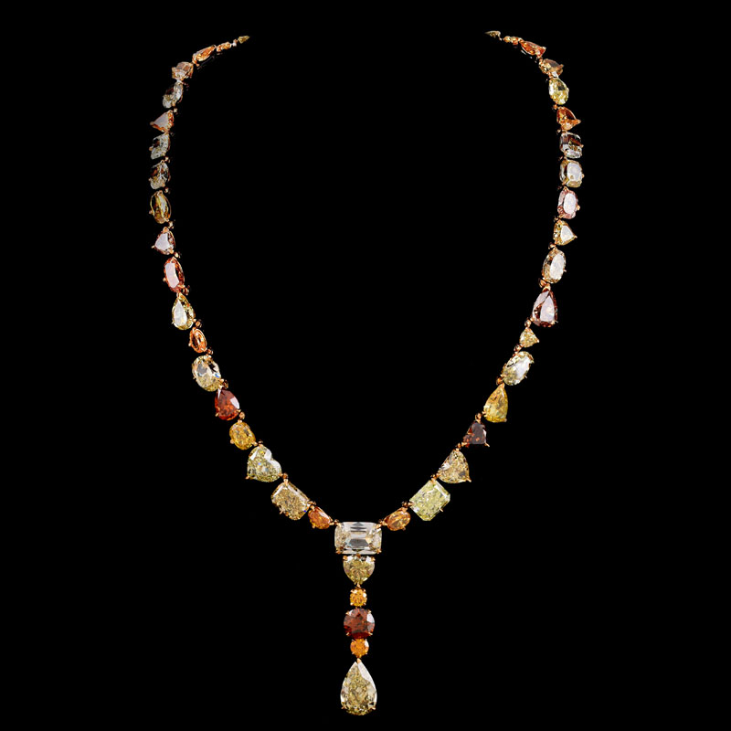 Multi-Cut Multi-Fancy Color Diamond and 18 Karat Yellow Gold Pendant Necklace.