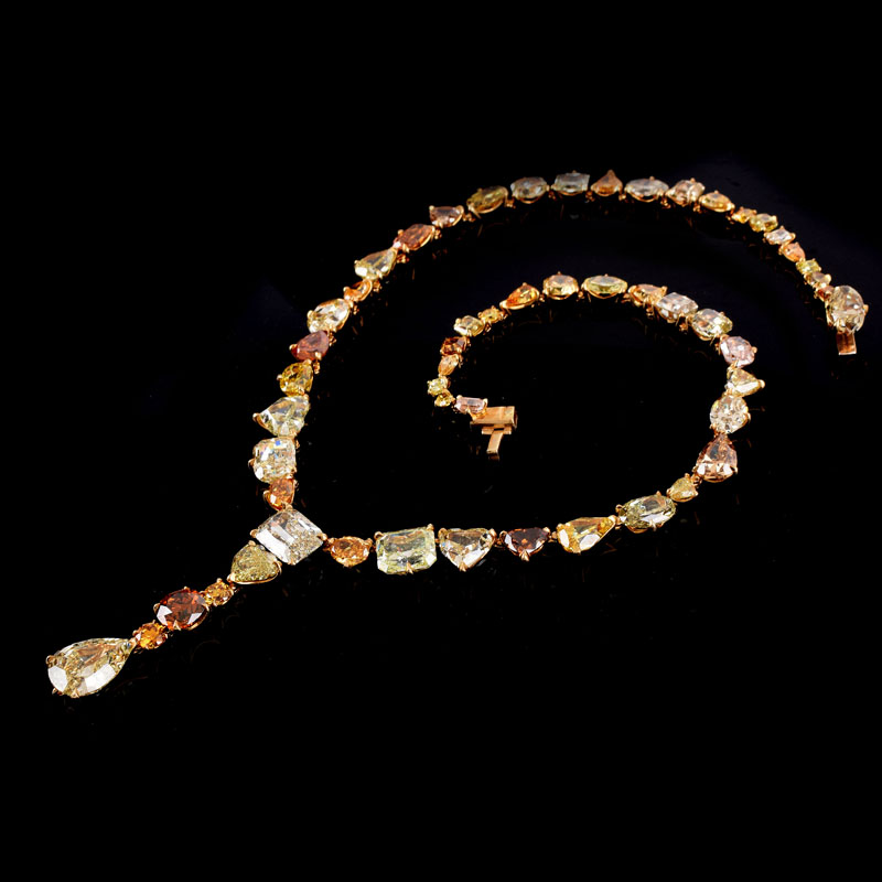 Multi-Cut Multi-Fancy Color Diamond and 18 Karat Yellow Gold Pendant Necklace.