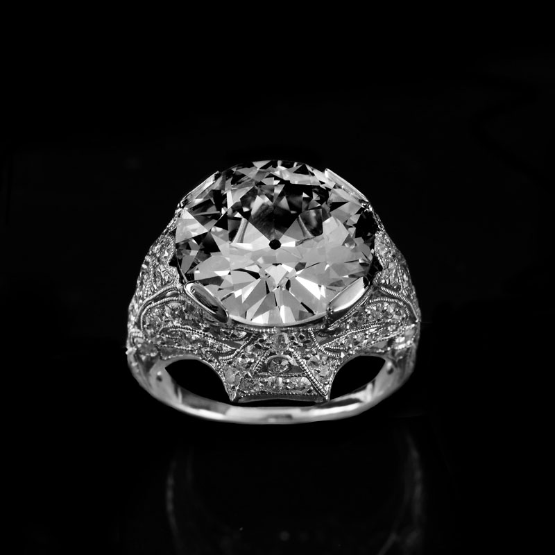 Important GIA Certified Art Deco style 9.38 Carat Old European Cut Diamond and Platinum Engagement Ring.