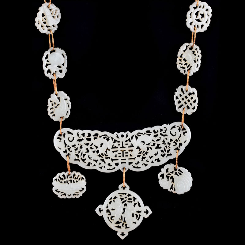 Important Antique Chinese Openwork Carved White Jade and (later) 14 Karat Yellow Gold Necklace and Pendant Earring Suite.