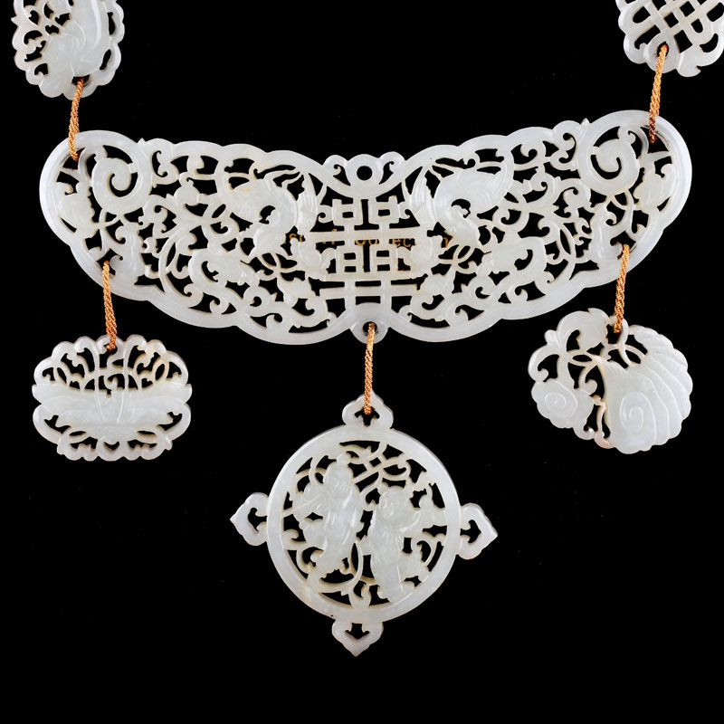 Important Antique Chinese Openwork Carved White Jade and (later) 14 Karat Yellow Gold Necklace and Pendant Earring Suite.