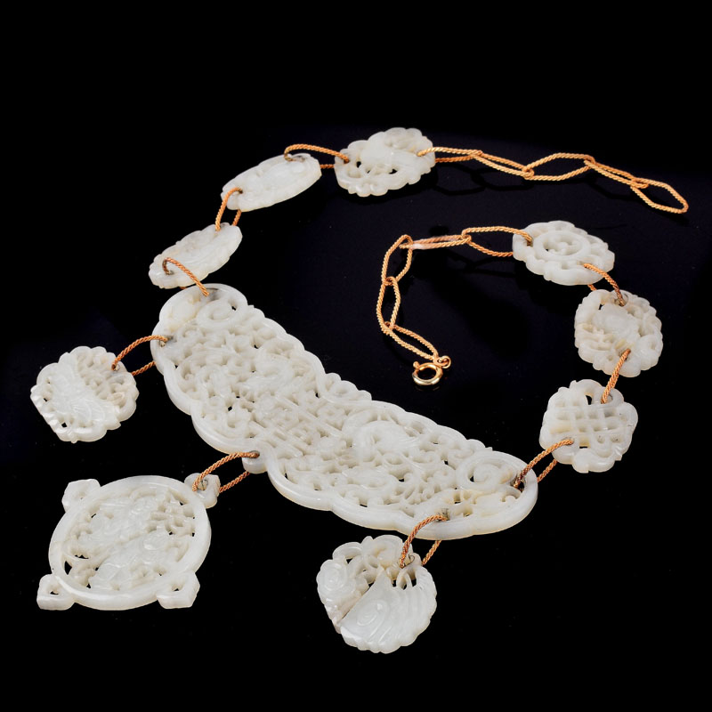 Important Antique Chinese Openwork Carved White Jade and (later) 14 Karat Yellow Gold Necklace and Pendant Earring Suite.