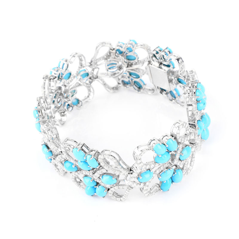 Approx. 26.0 Carat Oval Cabochon Persian Turquoise, 7.40 Carat Round Brilliant Cut Diamond and 18 Karat White Gold Bracelet.
