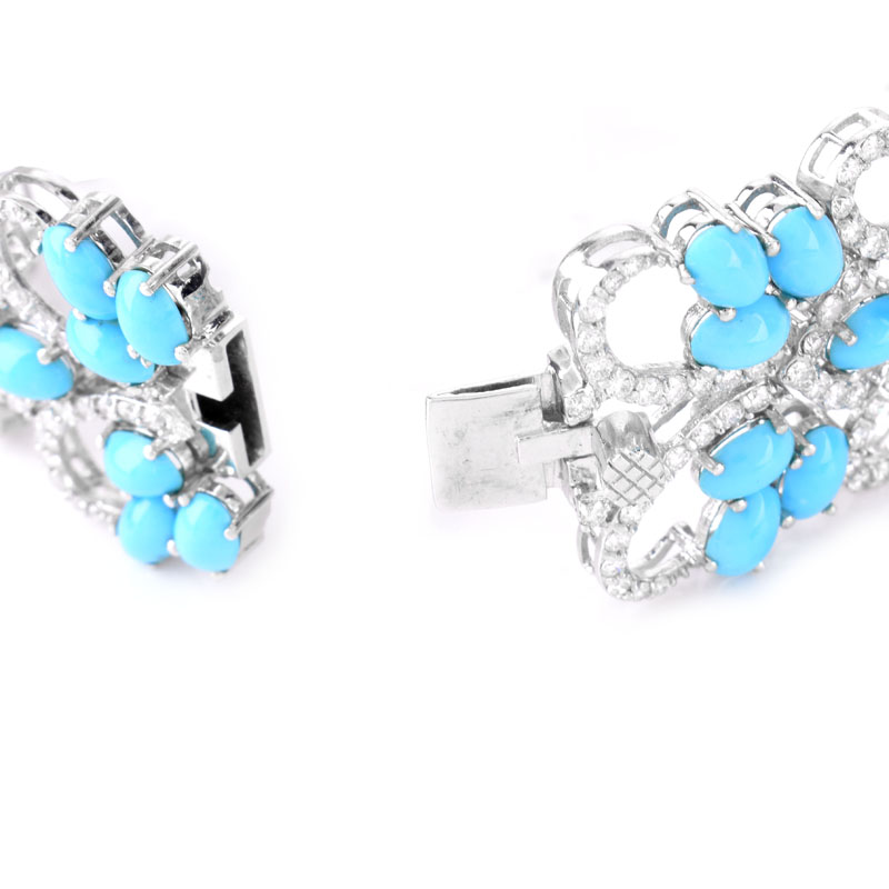 Approx. 26.0 Carat Oval Cabochon Persian Turquoise, 7.40 Carat Round Brilliant Cut Diamond and 18 Karat White Gold Bracelet.