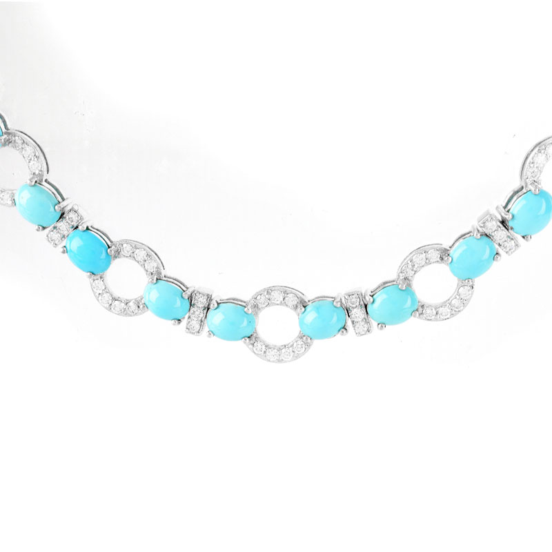Approx. 33.50 Carat Oval Cabochon Persian Turquoise, 4.85 Carat Round Brilliant Cut Diamond and 18 Karat White Gold Necklace.