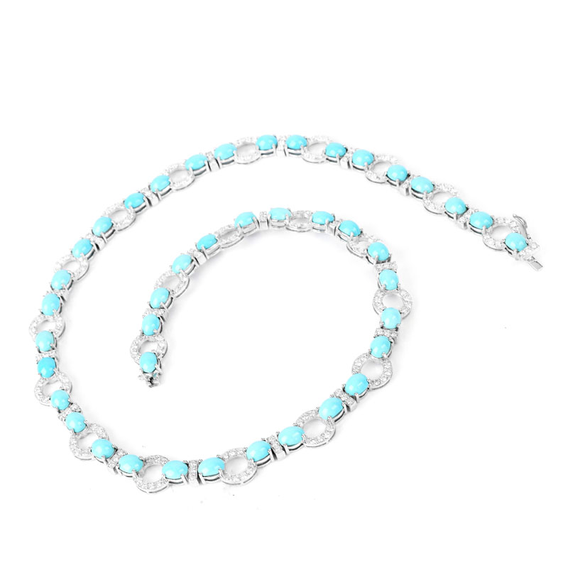 Approx. 33.50 Carat Oval Cabochon Persian Turquoise, 4.85 Carat Round Brilliant Cut Diamond and 18 Karat White Gold Necklace.
