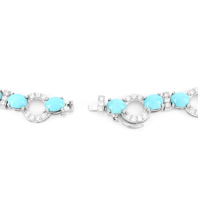 Approx. 33.50 Carat Oval Cabochon Persian Turquoise, 4.85 Carat Round Brilliant Cut Diamond and 18 Karat White Gold Necklace.