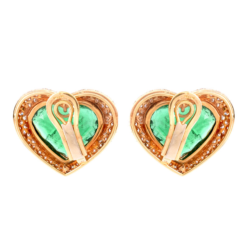 Vintage Large Heart Shape Colombian Emerald, Approx. 8.0-8.5 Carat Pave Set Round Brilliant Cut Diamond and 18 Karat Yellow Gold Earrings.