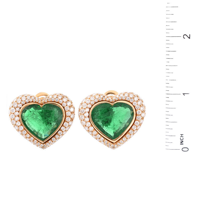 Vintage Large Heart Shape Colombian Emerald, Approx. 8.0-8.5 Carat Pave Set Round Brilliant Cut Diamond and 18 Karat Yellow Gold Earrings.