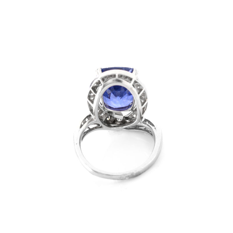 AGL Certified Circa 1940s Approx. 10.50 Carat Oval Cushion Cut Ceylon No Heat Sapphire, Approx. .80 Carat Diamond and Platinum Ring.