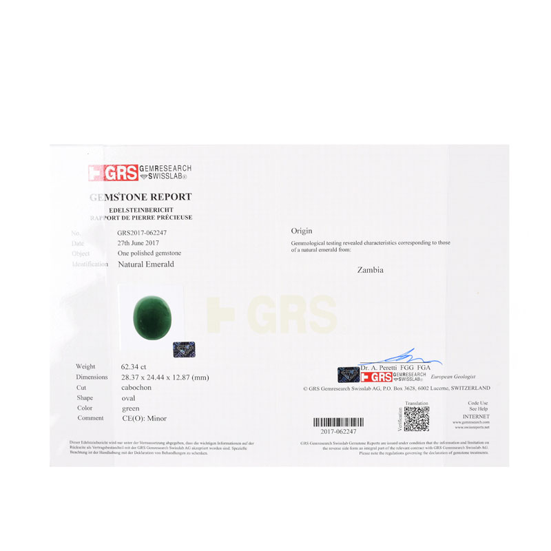 Gem Research Swiss Lab Certified 62.34 Carat Oval Cabochon Zambian Emerald.