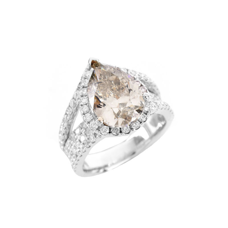 GIA Certified 4.22 Carat Pear Shape Fancy Gray-Greenish Yellow Diamond, Round Brilliant Cut Diamond and 18 Karat White Gold Engagement Ring. 
