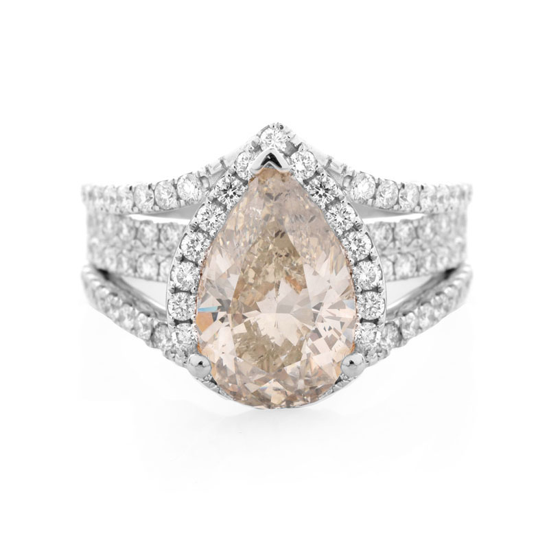 GIA Certified 4.22 Carat Pear Shape Fancy Gray-Greenish Yellow Diamond, Round Brilliant Cut Diamond and 18 Karat White Gold Engagement Ring. 
