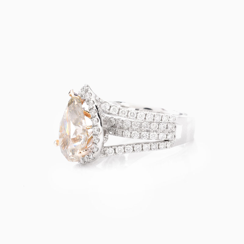 GIA Certified 4.22 Carat Pear Shape Fancy Gray-Greenish Yellow Diamond, Round Brilliant Cut Diamond and 18 Karat White Gold Engagement Ring. 