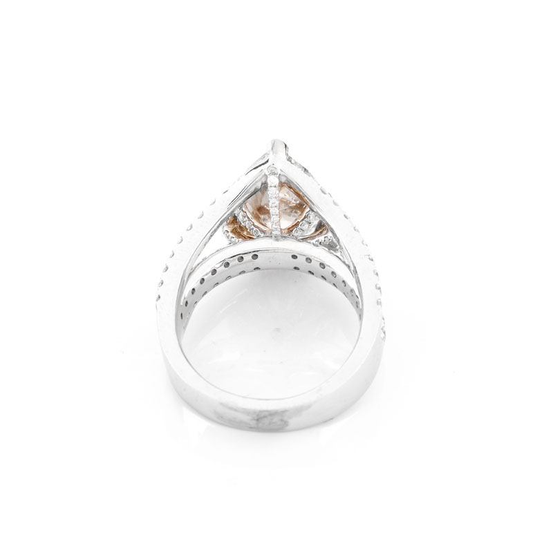 GIA Certified 4.22 Carat Pear Shape Fancy Gray-Greenish Yellow Diamond, Round Brilliant Cut Diamond and 18 Karat White Gold Engagement Ring. 