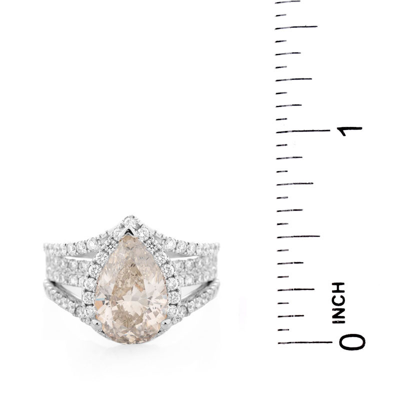 GIA Certified 4.22 Carat Pear Shape Fancy Gray-Greenish Yellow Diamond, Round Brilliant Cut Diamond and 18 Karat White Gold Engagement Ring. 