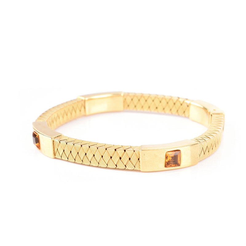 Italian 18 Karat Yellow Gold and Square Cut Citrine Flexible Bangle Bracelet.