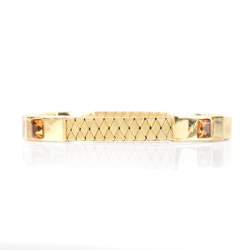 Italian 18 Karat Yellow Gold and Square Cut Citrine Flexible Bangle Bracelet.