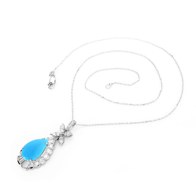 Approx. 3.80 Carat Oval Cabochon Persian Turquoise, .90 Carat Round Brilliant Cut and Baguette Cut Diamond and 18 Karat White Gold Pendant.