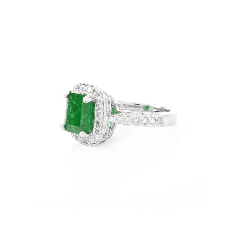 Approx. 3.70 Carat Colombian Emerald, 1.60 Carat Round Brilliant Cut Diamond and 18 Karat White Gold Ring.