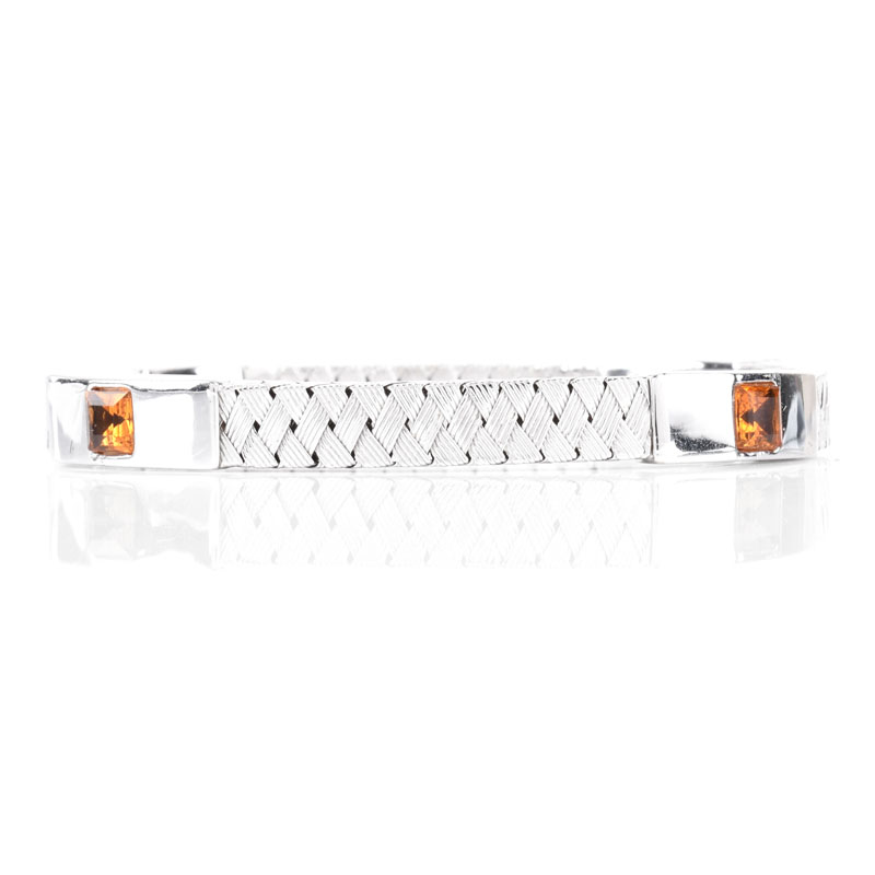 Italian 18 Karat White Gold and Square Cut Citrine Flexible Bangle Bracelet.