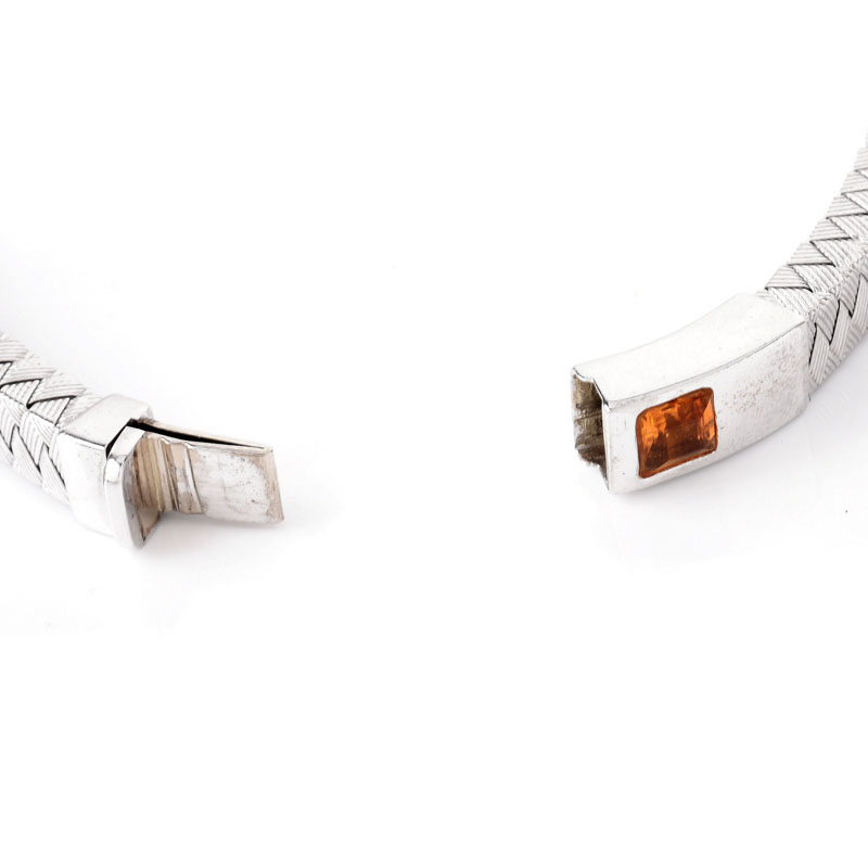 Italian 18 Karat White Gold and Square Cut Citrine Flexible Bangle Bracelet.