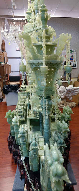 Massive Approx. 2,000 lbs, Chinese Heavily Carved Jade Dragon Ship Mounted on Heavily Carved Wood Base.