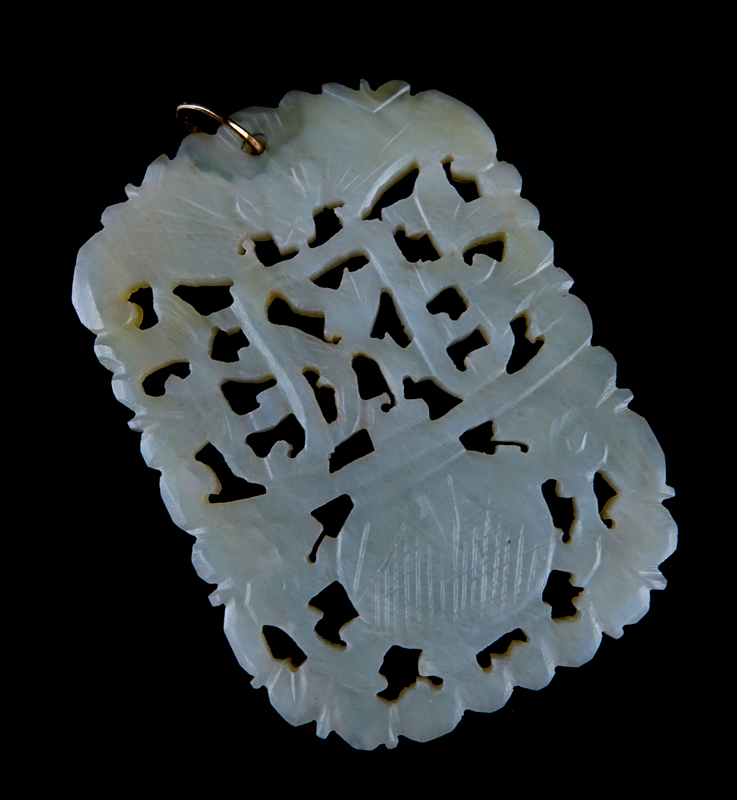 Antique Chinese Carved Celadon Jade Reticulated Pendant/Plaque 14 Karat Yellow Gold Clasp.