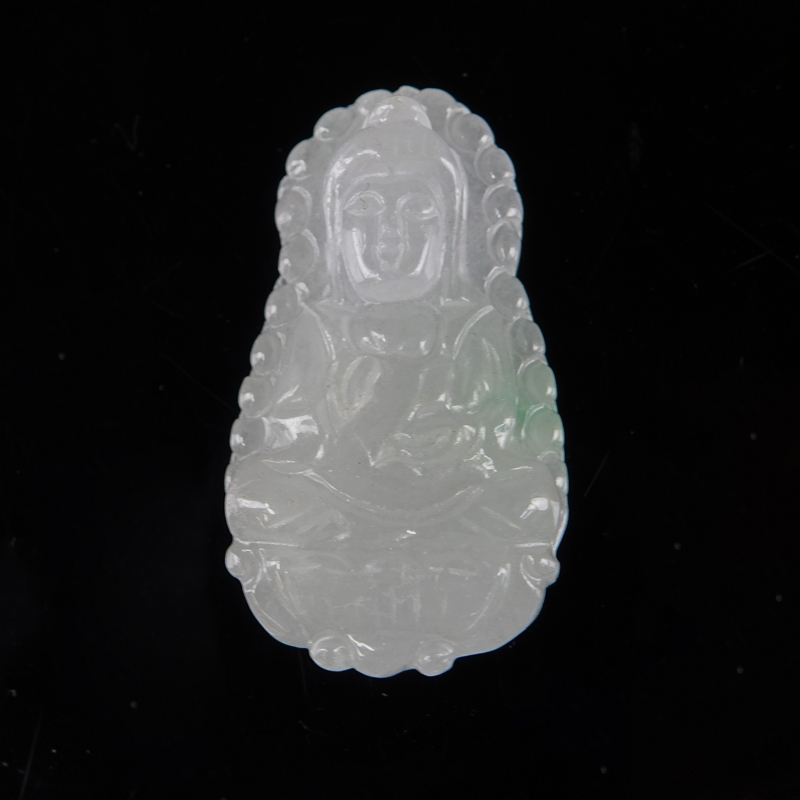 A Chinese Carved Apple Green Jade Buddha Pendant.