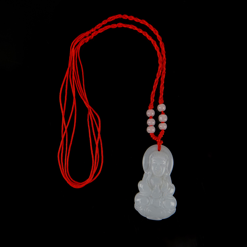 A Chinese Carved White Jade Buddha Pendant on Cord Necklace with Beads.