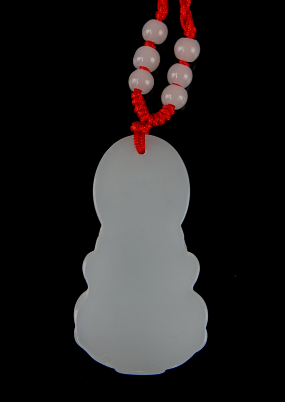 A Chinese Carved White Jade Buddha Pendant on Cord Necklace with Beads.