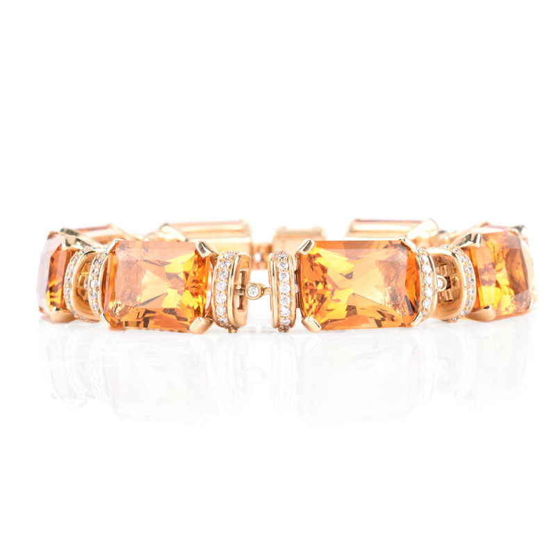 Eight (8) Rectangular Cut Citrine, Diamond and 14 Karat Yellow Gold Bracelet. 