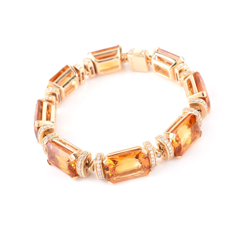 Eight (8) Rectangular Cut Citrine, Diamond and 14 Karat Yellow Gold Bracelet. 