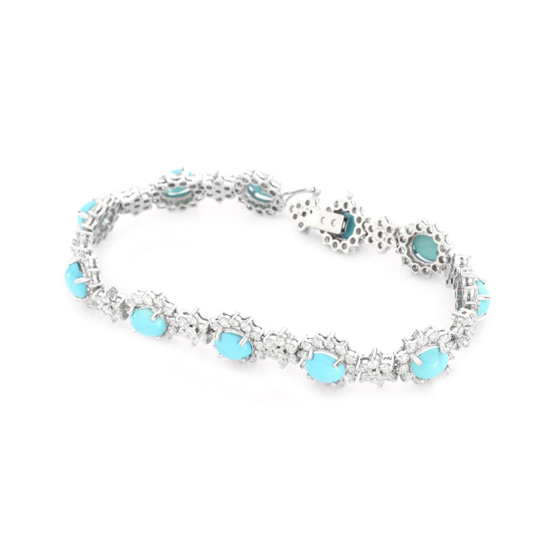 Approx. 9.70 Carat Oval Cabochon Persian Turquoise, 5.75 Carat Round Brilliant Cut Diamond and 18 Karat White Gold Bracelet. 
