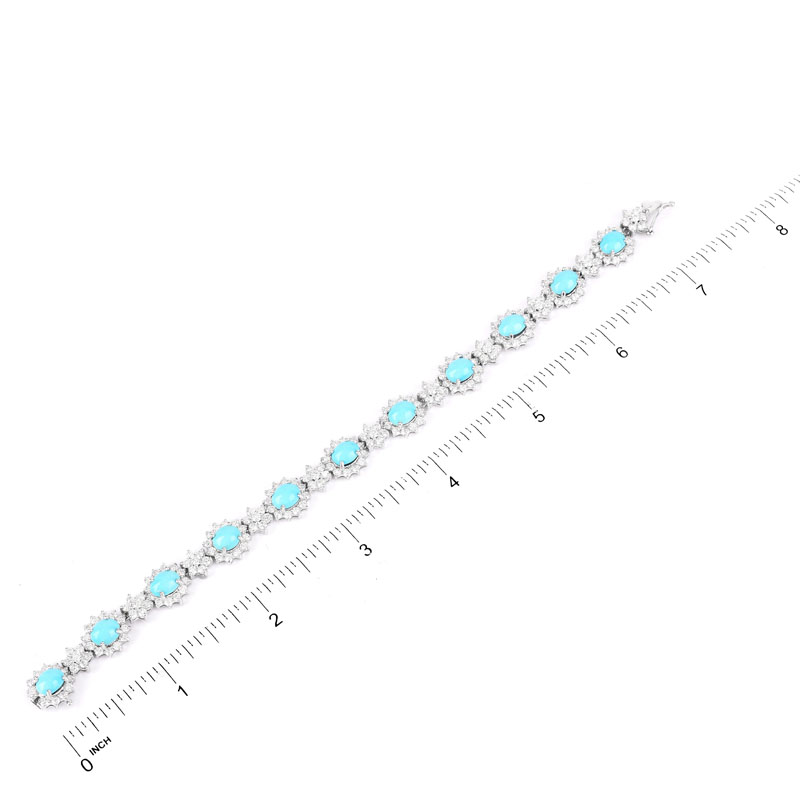 Approx. 9.70 Carat Oval Cabochon Persian Turquoise, 5.75 Carat Round Brilliant Cut Diamond and 18 Karat White Gold Bracelet. 