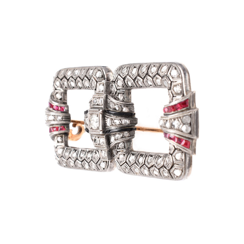 Antique Old European Cut and Rose Cut Diamond, Ruby, Enamel and Silver Topped 18 Karat Yellow Gold Brooch. 
