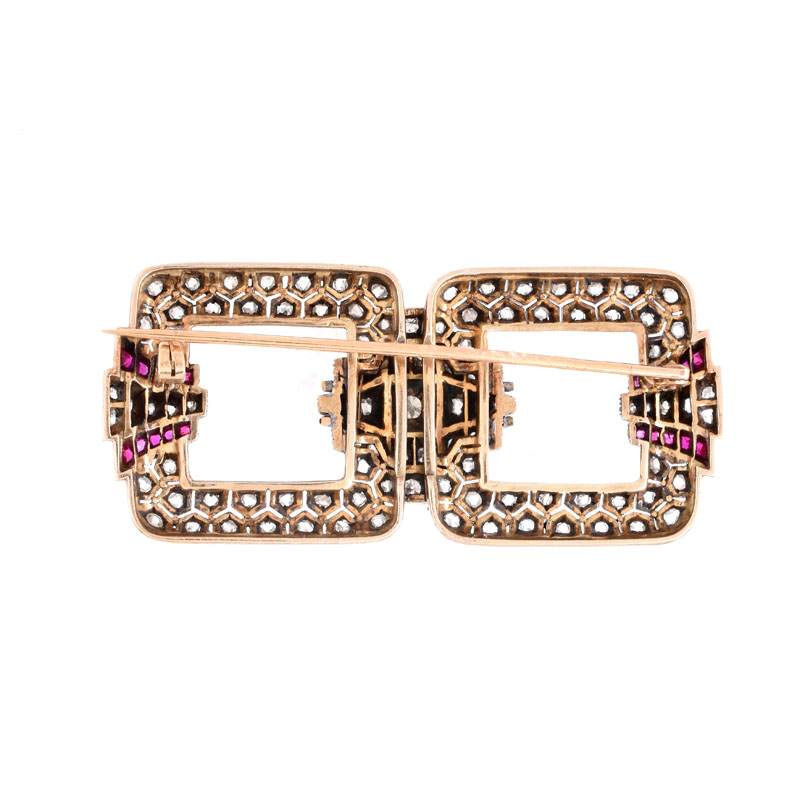 Antique Old European Cut and Rose Cut Diamond, Ruby, Enamel and Silver Topped 18 Karat Yellow Gold Brooch. 