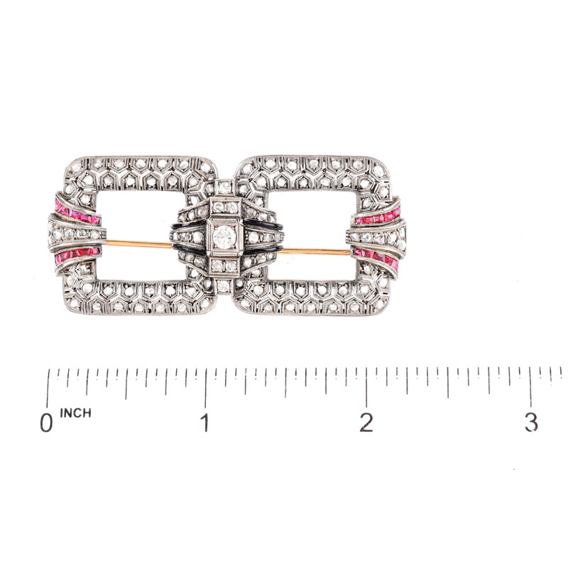 Antique Old European Cut and Rose Cut Diamond, Ruby, Enamel and Silver Topped 18 Karat Yellow Gold Brooch. 