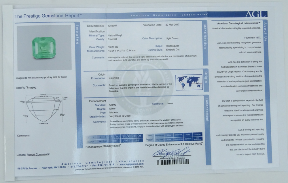AGL Certified 16.27 Carat Colombian Light Green Emerald, 