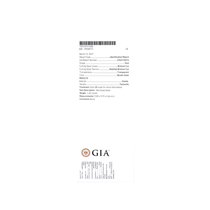 GIA Certified 4.65 Carat Oval Cut Tanzanite, 1.0 Carat Round Brilliant Cut Diamond and 18 Karat White Gold Pendant Necklace.