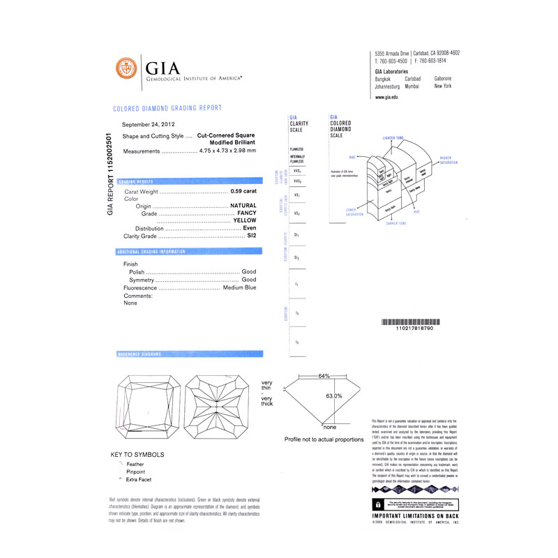 GIA Certified .59 Carat Fancy Yellow Diamond, .65 Carat Round Brilliant Cut Diamond and 18 Karat White and Yellow Gold Engagement Ring. Yellow diamond SI2 clarity.