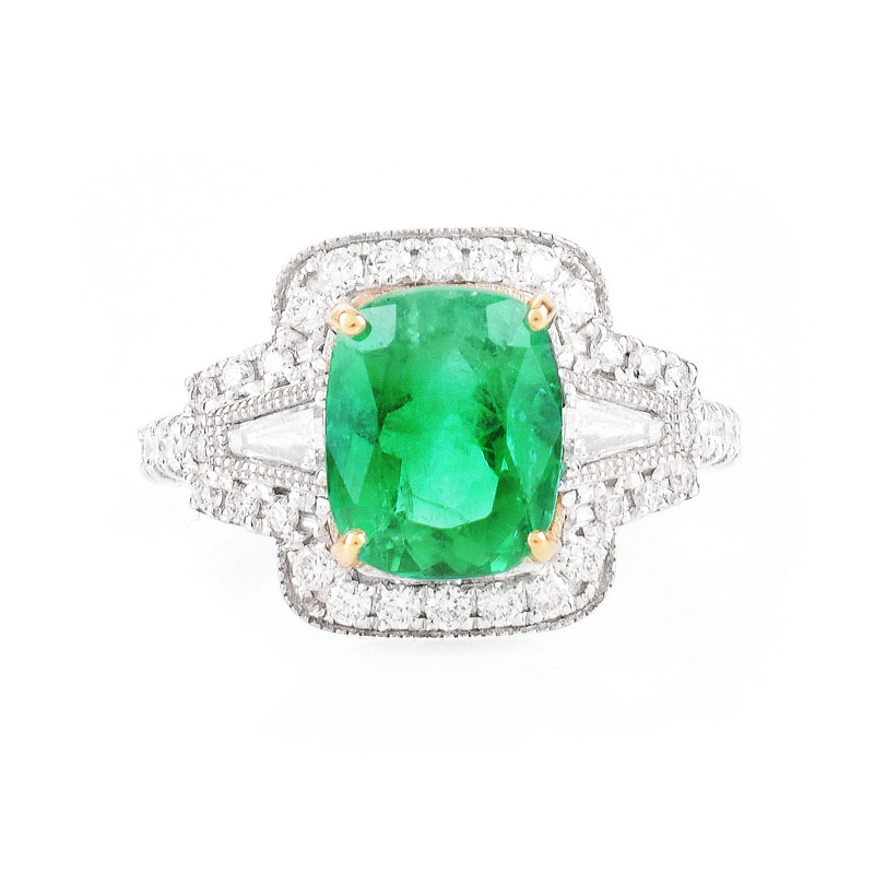GIA Certified and Rodrigo Giraldo Certified Colombian Emerald, Diamond and 18 Karat White Gold Ring.