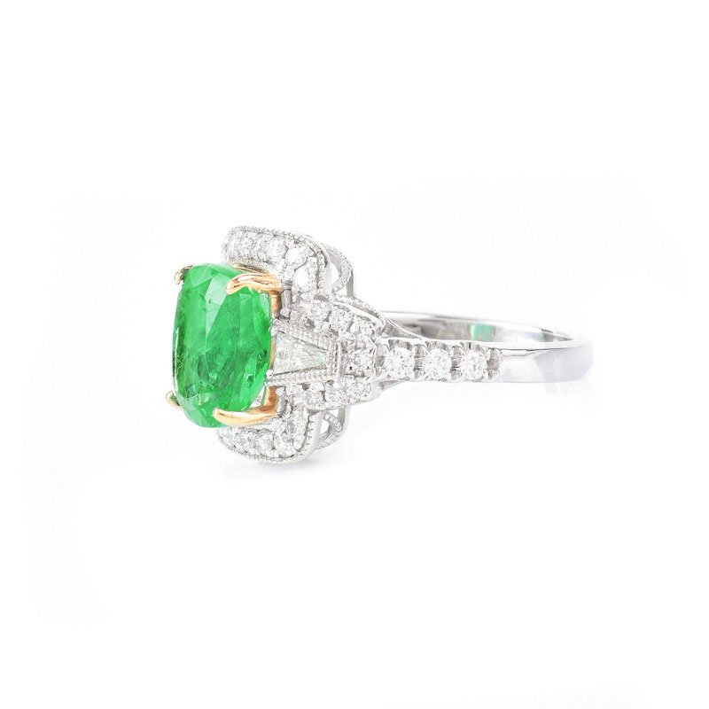 GIA Certified and Rodrigo Giraldo Certified Colombian Emerald, Diamond and 18 Karat White Gold Ring.