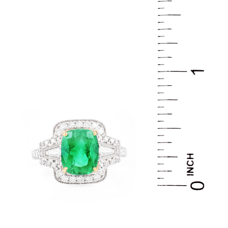 GIA Certified and Rodrigo Giraldo Certified Colombian Emerald, Diamond and 18 Karat White Gold Ring.