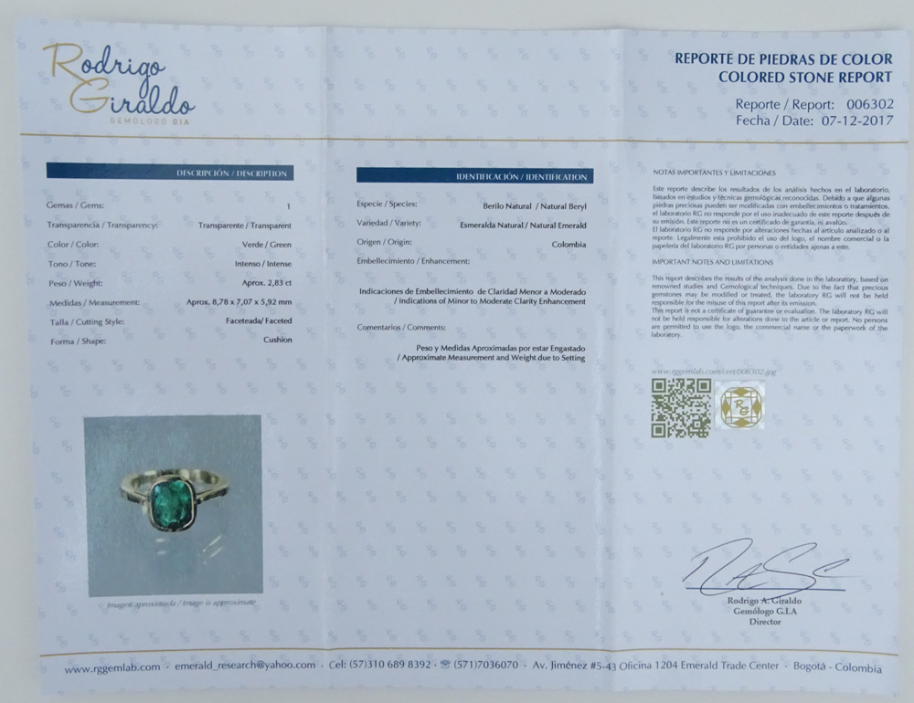 GIA Certified and Rodrigo Giraldo Certified Colombian Emerald, Diamond and 18 Karat White Gold Ring.