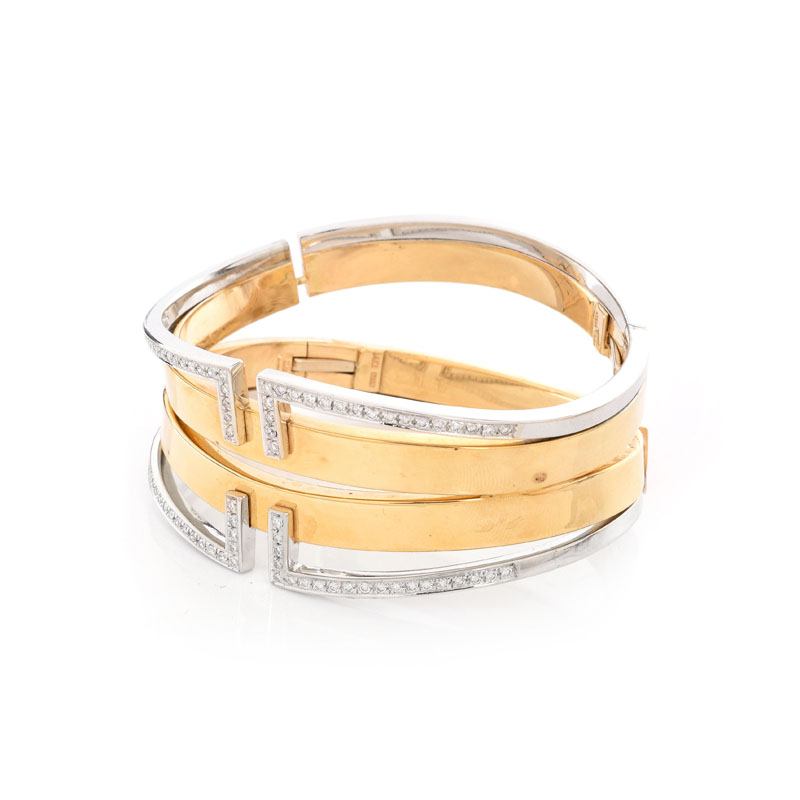 Contemporary Design Italian Diamond and 14 Karat Yellow and White Gold Hinged Cuff Bangle Bracelet.
