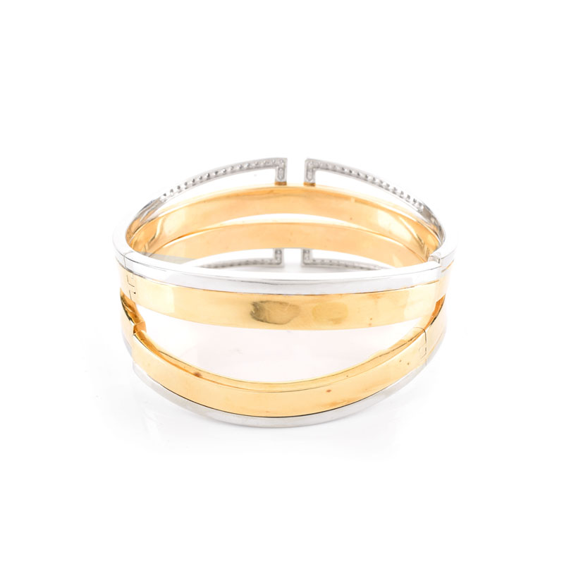 Contemporary Design Italian Diamond and 14 Karat Yellow and White Gold Hinged Cuff Bangle Bracelet.